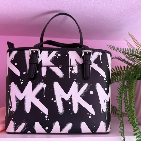 Michael Kors Black and White Satchel with Monogram Pattern - Picture 2 of 2